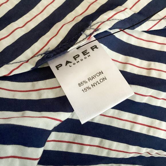 Paper London Sisi Navy Blue Striped Ruched Bodice Midi Dress UK 8 US S 4/6 - Picture 6 of 8